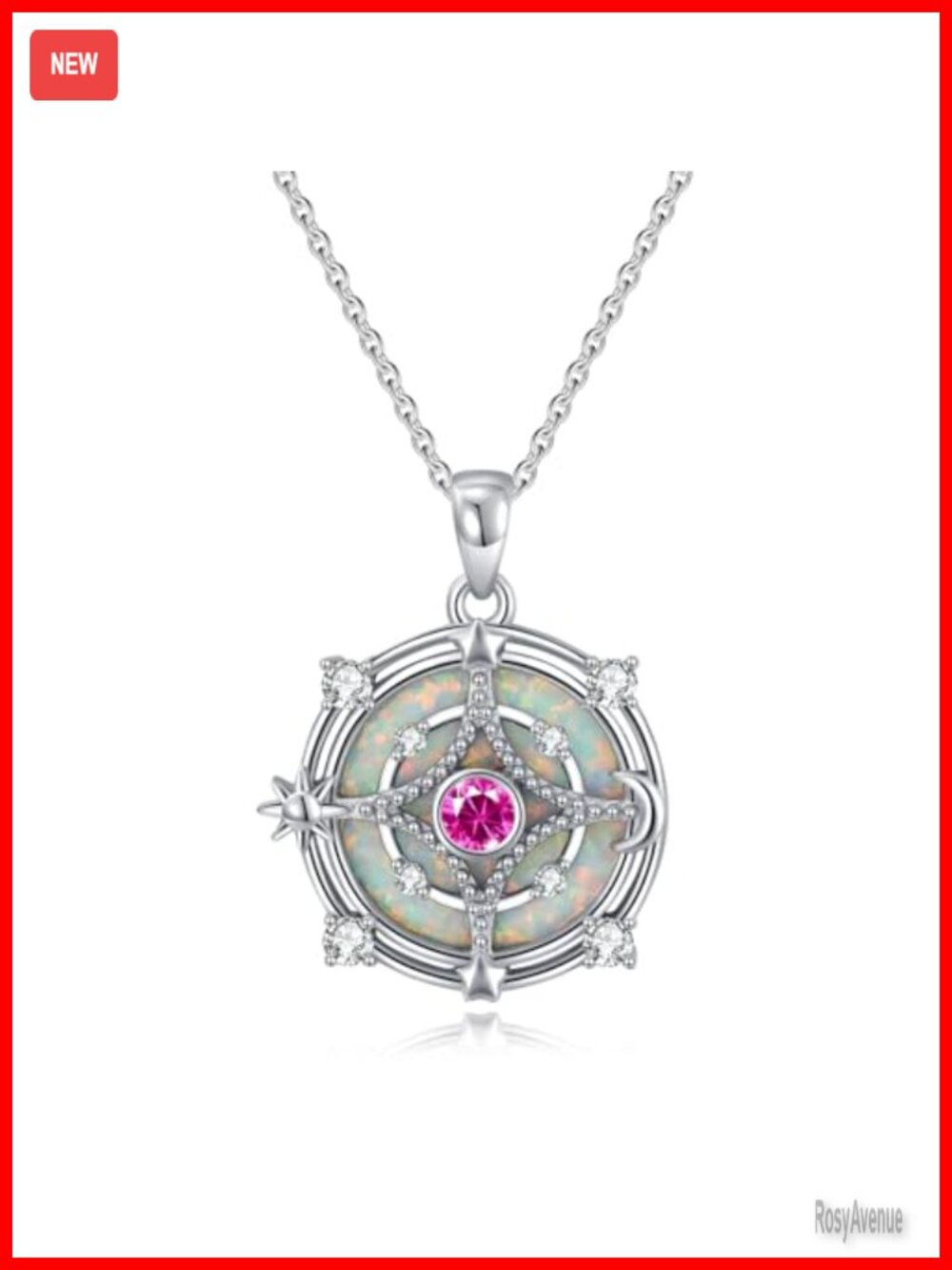Opal Compass Necklace 925 Sterling Silver Sun Moon Star Pendant